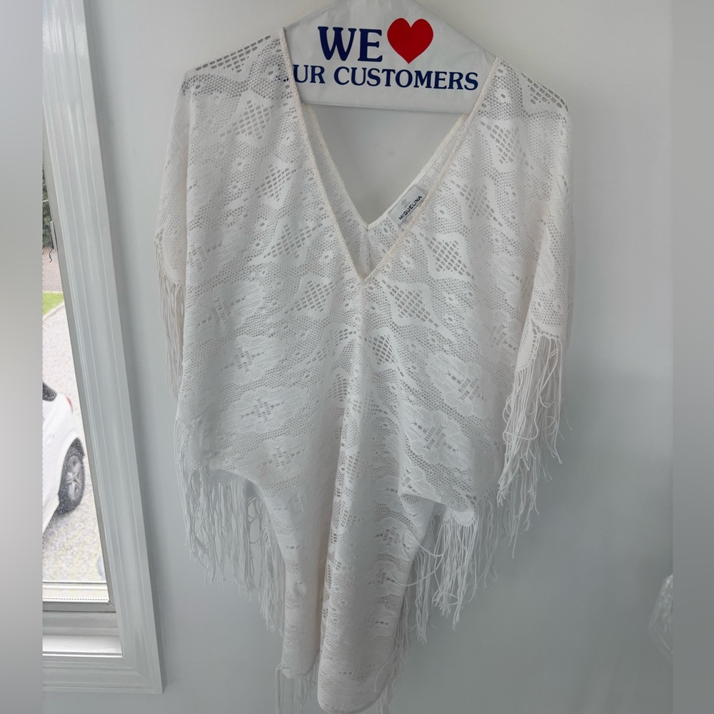 MIGUELINA Crochet Fringe Semi Sheer White Tunic/Poncho | Size Medium